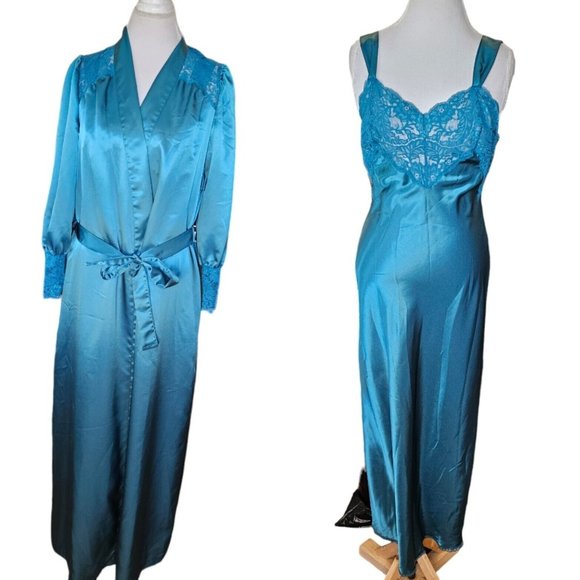 Vintage 70s Teal Blue S/M Satin Long‎ Wrap Robe Slip Set Pockets Sheer Lace Sexy